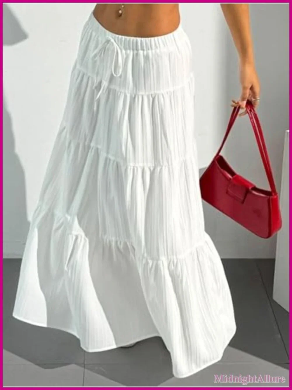 Boho Flowy White Maxi Skirt with Ruffled Hem Elastic Waist A Line